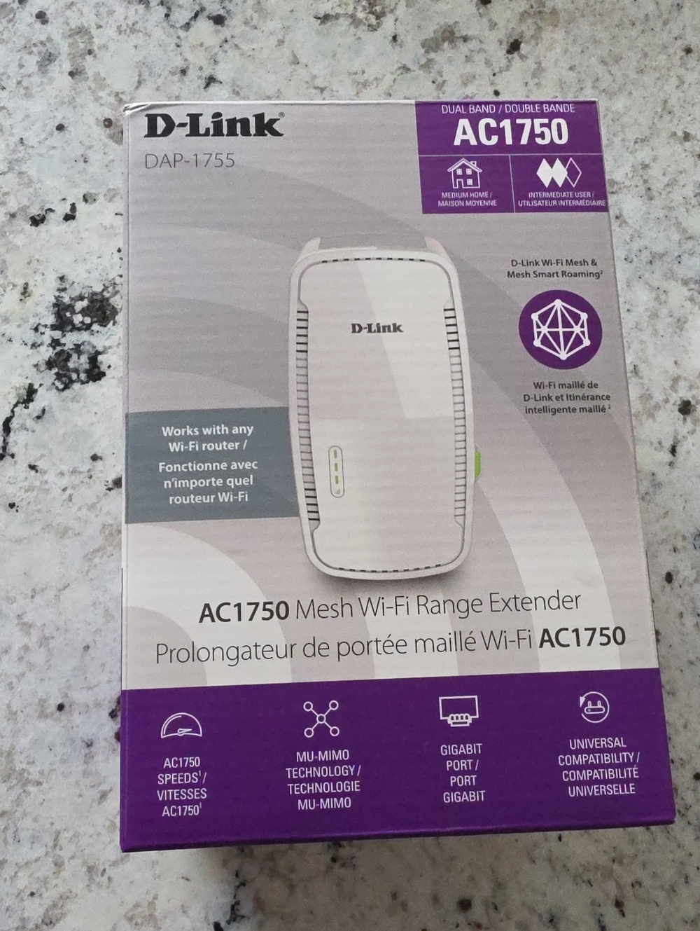 D-Link AC1750 Mesh Wi‑Fi Range Extender - White and Purple Box Accents
